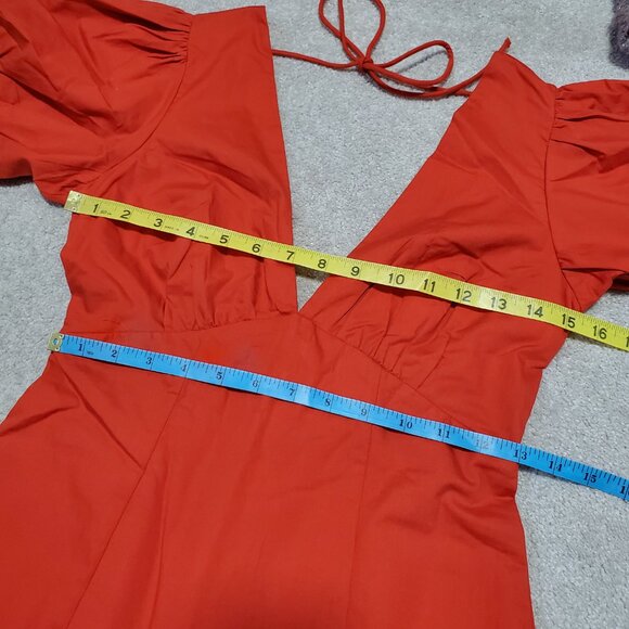 ABERCROMBIE & FITCH NWT Puff Sleeve Slim Poplin Midi Dress V-Neck Red Women's XS - Picture 14 of 16
